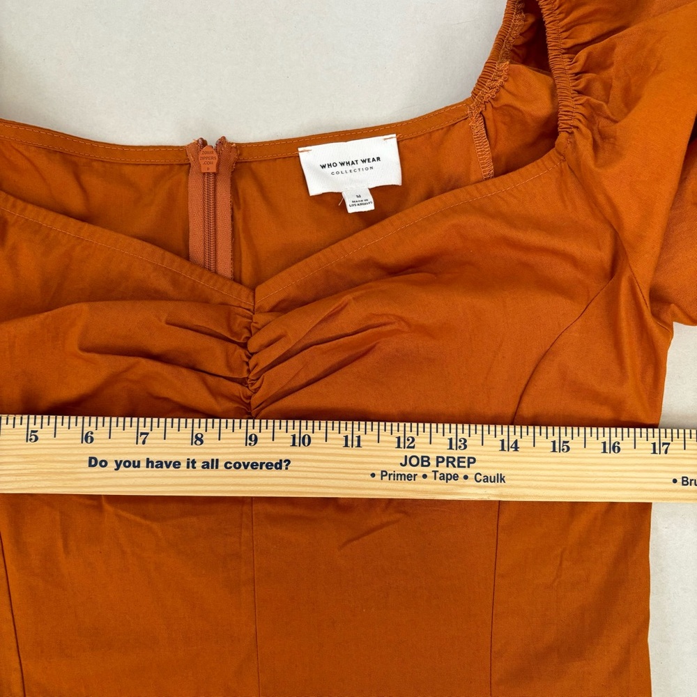 Who What Wear Ruched Dress Medium Peasant Puff Cottage Fairy Midi Orange Boho - Picture 11 of 11